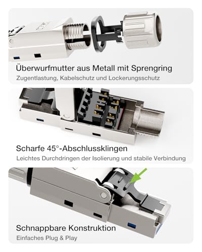 LEENUE Lan Stecker Cat 7 Werkzeuglos, 10 Gbit/s 600 MHz, Vergoldet RJ45 Stecker Werkzeuglos PoE für Cat7 Cat6A Verlegekabel, Geschirmt netzwerkstecker cat7 werkzeuglos, Wiederverwendbar, 2 Stück