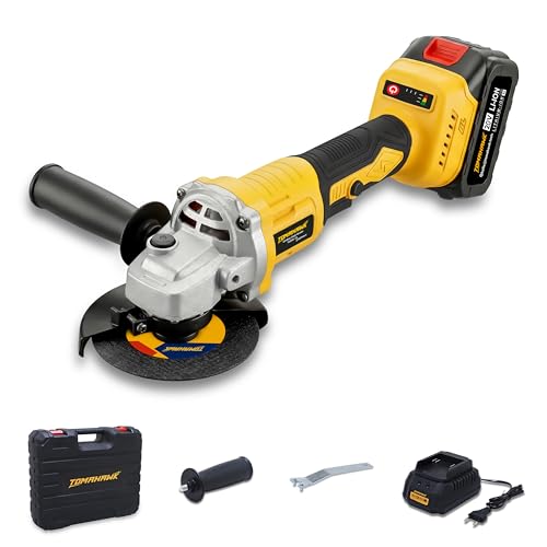 Image of TOMAHAWK TAG - 1155 20V Cordless Angle Grinder with 8500 rpm, Brushless Motor, 3.0Ah Li-ion with Fast Charger, Adjustable Speed and Control, Battery Indicator