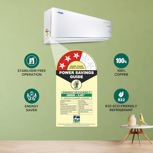 Image of Blue Star 1 Ton 3 Star, Inverter Split AC (Copper, Convertible 5 in 1 Cooling, Multi Sensors,Blue Fins, Self Diagnosis, IE312YNU, White)