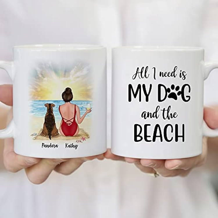 Gossby Personalized Dog Mom Coffee Mug - Custom Dog Gift for Women with Dog Breeds, Design, Name - Birthday, Christmas, Summer Dog Mom Gift - All I Need is My Dog and the Beach - A Girl and Her Dog