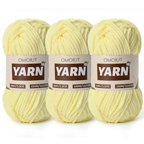 Image of 3 Packs Plush Chenille Chunky Crochet Yarn - Baby Yarn for Crocheting Soft - Velvet Yarns Knitting for Blankets Crafts - Fluffy Amigurumi Yarns 300g / 393yd (3 Lemon Yellow)