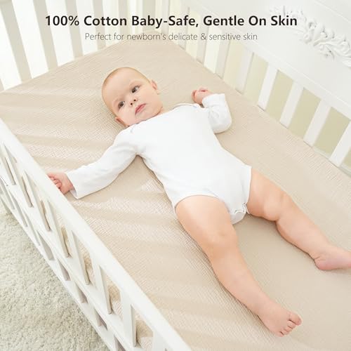 Image of Bearmoss Muslin Mini Crib Sheets for Pack N Play Mattress - 100% Cotton - 38 inchx26 inch Soft Breathable Playard Baby Crib Sheets Neutral for Boys Girls - 2 Pack (Oat Latte)