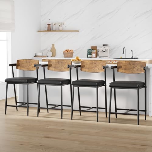 Image of GarveeHome Bar Stools Set of 8 with Arms, 26 inch Modern 8pcs Counter Height Metal Barstools Set with Wood Back & Footrest, Wider Seat, Sturdy Frame, for Counter Bar, Kitchen Island, Retro Brown