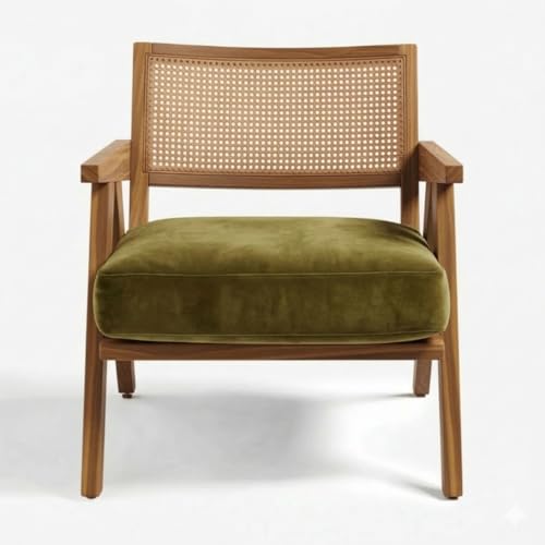 Image of Kingsman Furnitures ABEL Rattan Teak Wood Accent Arm Chair for Home Bedroom, Living, Dining, Drawing Room | Ultra Soft and Comfortable for Stress Free | Removable Cushion (KF-Bronx-OliveGreen-Velvet)