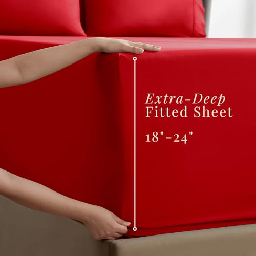 Image of Hearth & Harbor Extra Deep Pocket Sheets - Fits Mattress 18-24 Inches Deep - Extra Deep Pocket Full Size Sets - 6 Piece Full Size - Full - Cherry Red