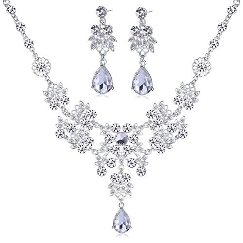 AKOAK Bridal Jewelry Set:Silver Alloy Rhinestone Necklace+Earrings Crystal Pendant(White)