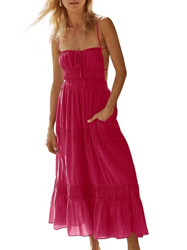 Image of Wenrine Womens Summer Beach Dresses Backless Spaghetti Straps Self Tie Tiered Flowy Casual Maxi Dress with Pockets