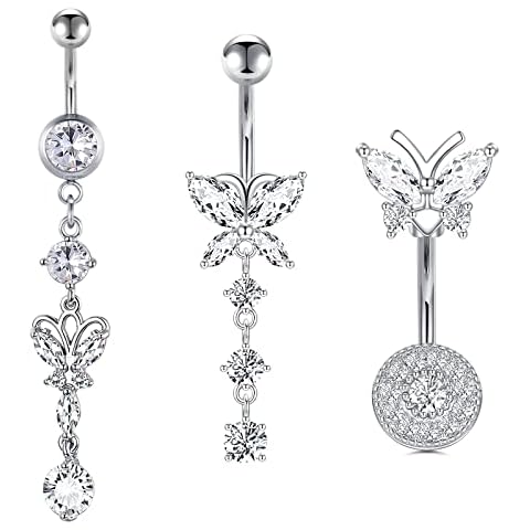 VFUN Butterfly Belly Button Bars 14G 10MM Banana Piercing Women Navel Piercing Stainless Steel Dangle Belly Button Rings Silver Belly Piercing 3PCS Cover
