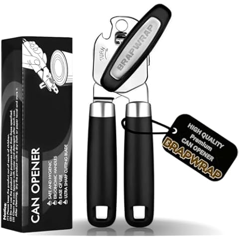 BrapWrap Can Opener Manual, Heavy Duty Stainless Steel Can Opener, Hand Held Can Opener With Soft Touch Handle, Multifunctional Easy Turn Knob Bottle Opener, Large Lid Openers, Black Cover
