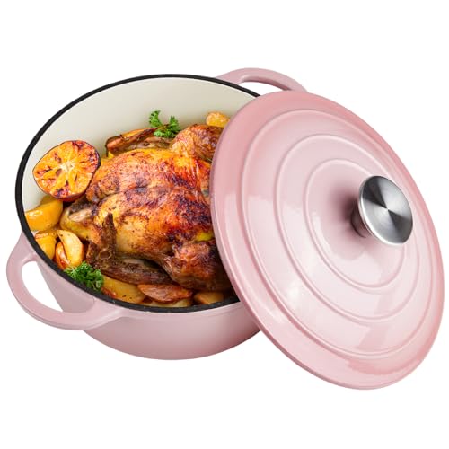 6 Quart Enameled Cast Iron Dutch Oven with Lid - Big Dual Handles - Oven Safe up to 500°F - Classic Round Pot for Versatile Cooking Pink
