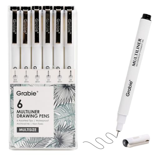 Grabie Micro Fineliner Pens, 6 Black Fine Line Waterproof Drawing Pens, Assorted Point Sizes for...