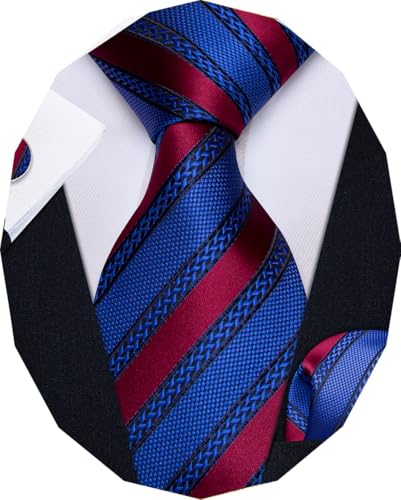 Image of YourTies Striped Ties for Men Classic Woven Silk Necktie with Handkerchief Cufflinks Set Formal Business Party Wedding