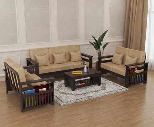 Image of Sheesham Wooden 7 Seater Sofa for Living Room | Rosewood 7 Seater Cushion Sofa Side Half Moon Rack | Solid Wood Sofa Set for Lounge (-3+2+2,Walnut)
