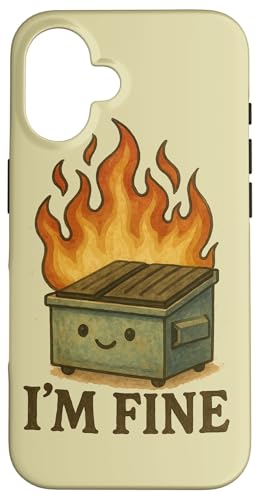I'm Fine Dumpster Fire アートワーク かわいいごみ箱 ファイヤーアート スマホケース iPhone 16 用