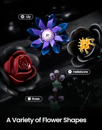 Image of iATOM Black Burgundy Red Rose Bouquet Building Set, Compatible with Lego Flowers for Adults - Halloween Botanical Collection - Gothic Artificial Flowers Home Decor - IA11015