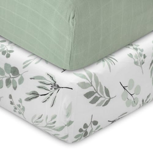 Image of Organic Muslin Fitted Crib Sheet - Eucalyptus Leaves and Sage Solid Crib Sheet for Standard Crib and Toddler Mattresses, Soft and Breathable, 28”x52”