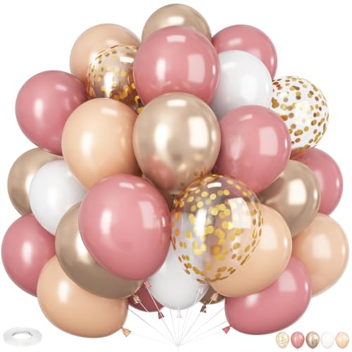 Image of HILAVO Blush Pink Balloon, 60 PCS 12 Inch Retro Pink Gold White Sand Nude Balloons Gold Confetti Latex Balloons for Girls Baby Shower Wedding Bridal Boho Birthday Party Decorations