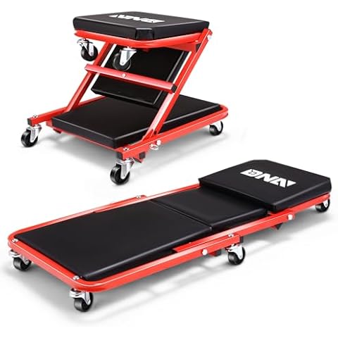 ‎DNA MOTORING TOOLS-00184 36 Inches 2 IN 1 Rolling Folding Car Creeper/Seat, 6 Pcs 2" Casters, 150kg Weight Capacity, Red Cover