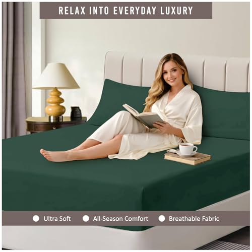 Drap-Housse Vert Foncé Infroissable et Résistant en Microfibre