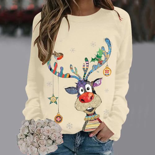 WILLBEST Christmas Sweatshirts for Women UK Funny Reindeer Snowflake Graphic Print Casual Long Sleeve Shirts Tunic Tops Women's Ugly Christmas Sweatshirts Womens Loose Fit Xmas Jumpers Pullover Tops - Image 2
