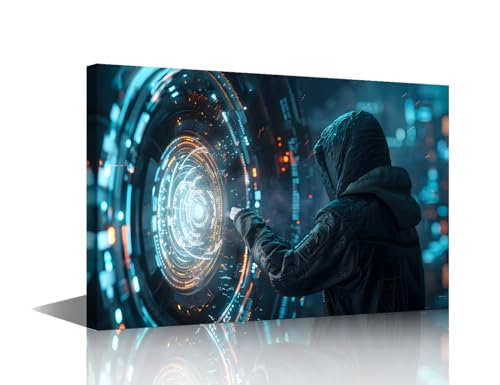 TISHIRON 1 panel de arte de pared de inteligencia artificial infiltrándose en bóveda digital, obra de arte enmarcada para baño, dormitorio, sala de estar, decoración del hogar, 36 x 24 pulgadas