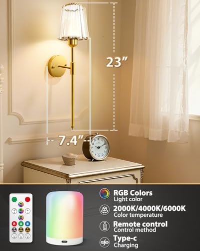 Image of Adetu 23 Inch Crystal Battery Operated Wall Sconce Set of 2 | Gold Rechargeable Wall Sconce with 10000mAh Magnetic Bulbs, RGB Dimmable Wireless Battery Wall Lights for Bedroom Living Room
