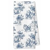 XYMHQ Blue and White Chinoiserie Pomeranian Gift Hand Towels for Bathroom Kitchen, Pomeranian Gifts for Women, Vintage Toile De Jouy Pomeranian Kitchen Dish Tea Towels, 16X24 Inch