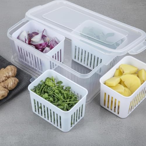 Image of TASMAX Fridge Storage Boxes, Plastic Fridge Containers, Fridge Accessories Items, (FRIDGE CONTAINER 4 GRID WITH LOCK)