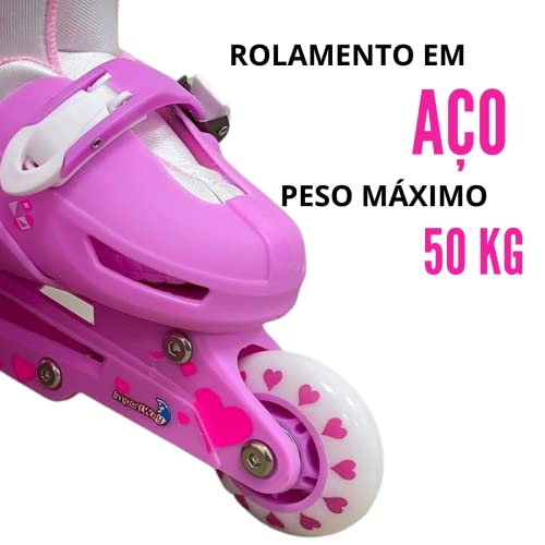 Patins 3 Rodas 2 em 1 Rosa com Kit Proteção Tamanho P, Importway