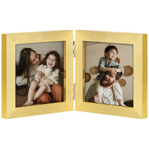 decorUhome Double 4x4 Picture Frame Vertical, Engineered Wood Bifold Photo Frame with Plexiglass for Tabletop Display, 4x4, Gold