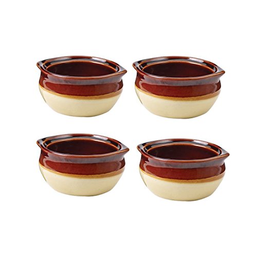 Culinary Depot Appetizing Onion Soup Bowls Crock, Porcelain Set of 4 for Restaurant Serving, Dinner Meals. Ceramic Brown and Beige in Most Popular Size for Use 10 oz