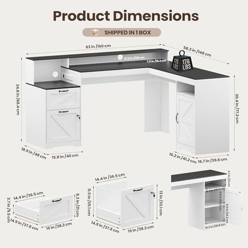 MALOL 63" Farmhouse L Shaped Executive Desk, Corner Computer Desk with Drawers & Storage Shelf, Home Office Desk with Power Outlet, Monitor Stand, Wood Grain Desktop, White & Black - 1