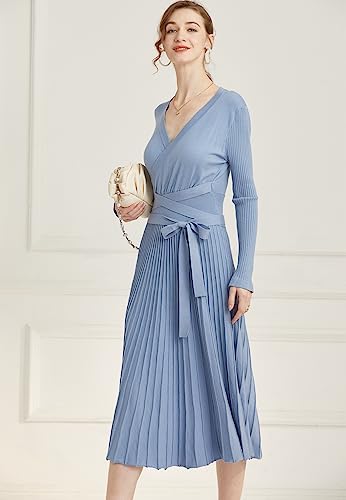 RanRui Womens Winter Fall Pleated Knitted Fit and Flare Long Sleeve Sweater Dress3