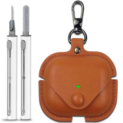 for Airpods 4 Leather Case Cover with Cleaner Kit [Front LED Visible] Protective Cover for Apple AirPods 4 (2024) Wireless Charging Shockproof Case with Keychain and Snap Lock (Brown)