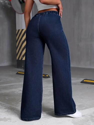 Image of ADBUCKS Women's Stretch Denim Wide Leg Jeans Comfort Fit with Elastic Waistband, Straight Cut, Casual Style for All Seasons, Versatile Clothing