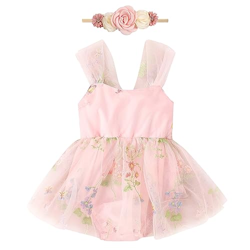 Odasdo Infant Wedding Dress Baby Girl Fairy Tulle Romper Flower Embroidery Princess One-Piece Bodysuit With Headband One Year Old Birthday Party Cake Smash Outfit Newborn Photo Shooting Pink 0-3 Months cover