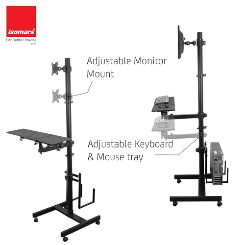 Image of Isomars Computer Standing Desktop Workstation with Monitor Mount Adjustable Height with Keyboard & Mouse Tray Space for CPU Holder, Sit Stand Table Comes with Wheels for Easy to Move.