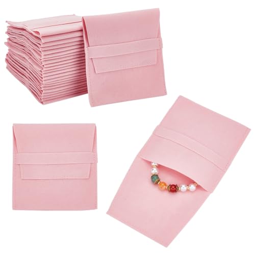 NBEADS 24 Bolsa de Joyería de Microfibra Rosa, Bolsa de Cosméticos de Bolsillo, Bolsas con Solapa de Joyería de Terciopelo para Pendientes, Pulseras, Collares, Embalaje, 9.6x9x0.25 cm