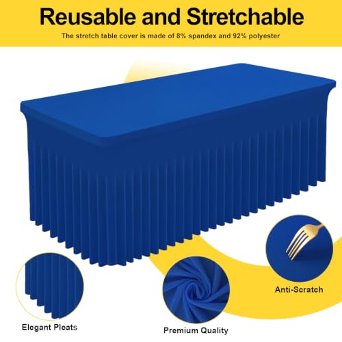 Image of Smiry Spandex Elastic Fitted Table Cloth Skirt for 8FT Rectangle Table | Stretch Washable Table Cloth, Banquet Table Cover for Wedding, Party, Indoor & Trade Shows, (Blue, 96Lx30Wx30H)