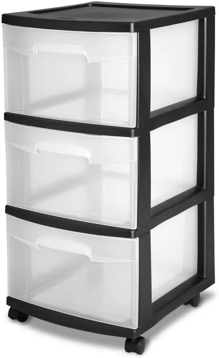 Plastic Storage Drawer Cart, Medium Home Organization Storage Container with 3 Large Drawers w/Removeable Wheels?Set of 1 (Black)