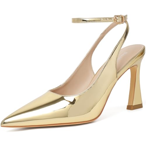 Susanny Slingback Closed Toe Ankle Strap High Heels Pointed Toe Pumps Dress Comfortable Stiletto Sexy Buckle Strappy Dressy Shoes for Wedding Bridal Party Work