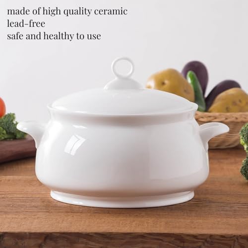 Soupière en céramique, bol de service en porcelaine de 2,5 l avec couvercle et poignées, passe au micro-ondes et au four pour les repas à la maison et les fêtes de famille
