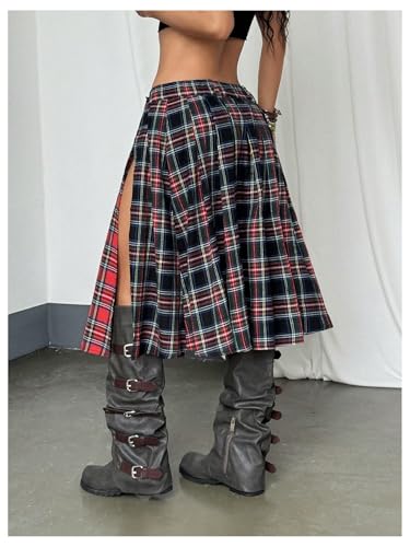 MakeMeChic Women's Plaid Skirt Asymmetrical Low Waist Pleated Split Y2k Midi Skirts3