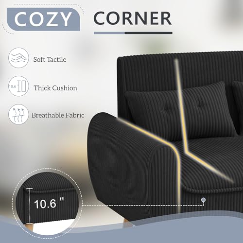 Image of Shintenchi 48'' Loveseat Sofa, Mid-Century Modern Upholstered Couch Deep Seat with 2 Pillows, 10 inch Thick Cushion with Spring, Solid Wood Frame Small Couch for Living Room, Dorms & Office, Black