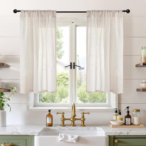 Image of BGment Oatmeal Linen Curtains 40 Inch Length for Kitchen Cafe Window - Half Window Drapes Semi Sheer with Rod Pocket Light Filtering for Bathroom Lightweight, 2 Panels Set, 30 X 40 Inch