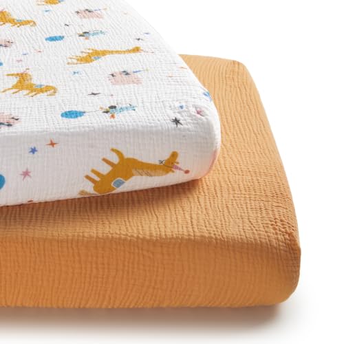 Image of TILLYOU Muslin Mini Crib Sheets 2 Pack, Pack and Play Mattress Sheets Fitted for Pack N Play, 38 x 26 Sheet for Toddler, Circus Carnival