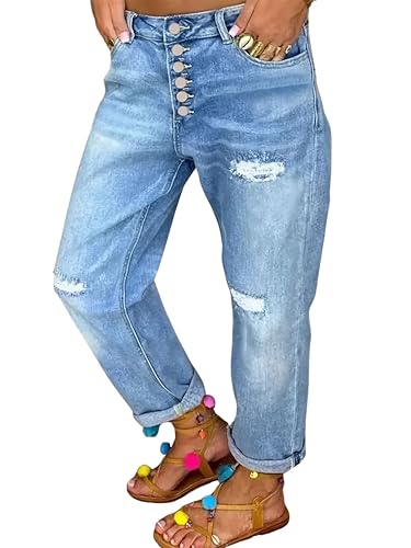 Women's Distressed Boyfriend Jeans Light Wash High Waisted Button Fly Relaxed Fit Straight Leg Denim Pants with Ripped Knee