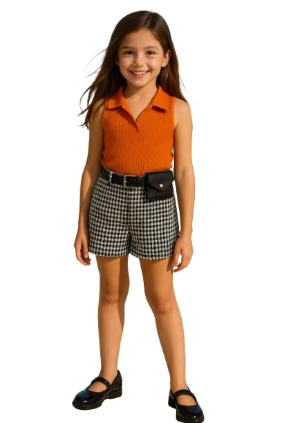 ninas Baby Girls Solid Cotton Blend Top and Shorts Set with Purse and Belt (Black&White)-picture-31