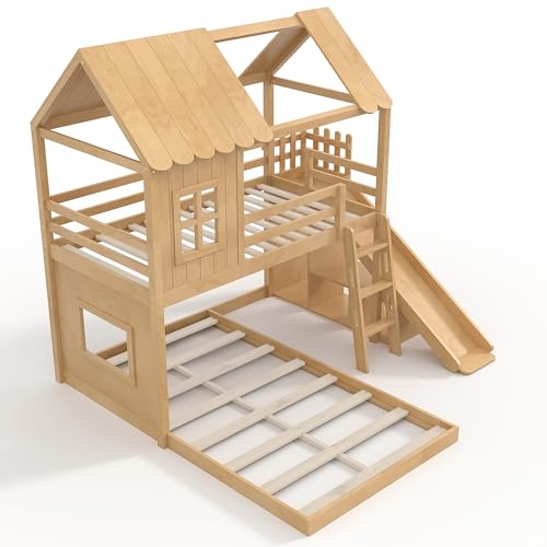 Image of Bellemave Bunk beds Twin Over Full with Slide,Ladders,Bookshelf and Wardrobe House roof Design, Low bunk /loft Bed for Kids, Natural