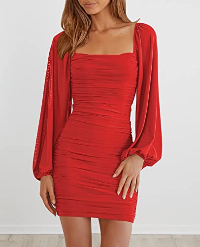 Image of MEROKEETY Women Square Neck Lantern Long Sleeve Mesh Ruched Bodycon Clubwear Mini Dress
